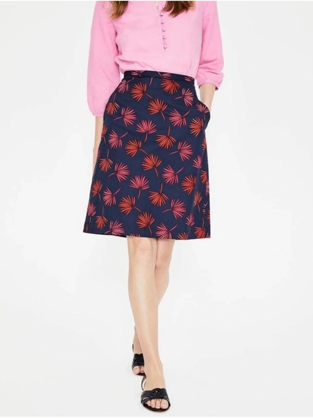 Boden Scattered‎ Holiday Palm Print A-Line Cotton Skirt Navy Blue & Pink Size 4